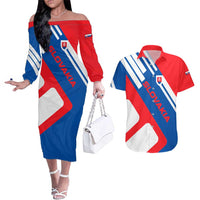 Slovakia – Red Blue White Geometric Flag Design Couples Matching Off The Shoulder Long Sleeve Dress and Hawaiian Shirt with National Crest