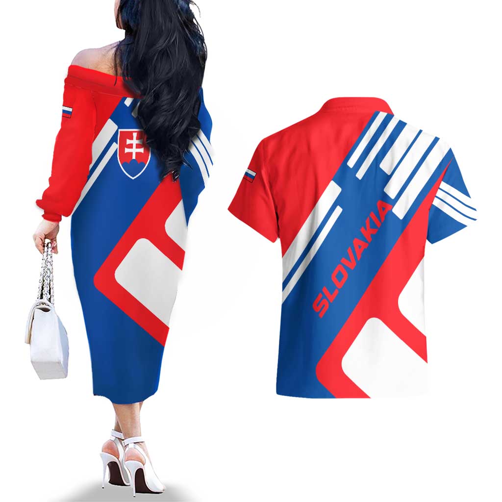 Slovakia – Red Blue White Geometric Flag Design Couples Matching Off The Shoulder Long Sleeve Dress and Hawaiian Shirt with National Crest