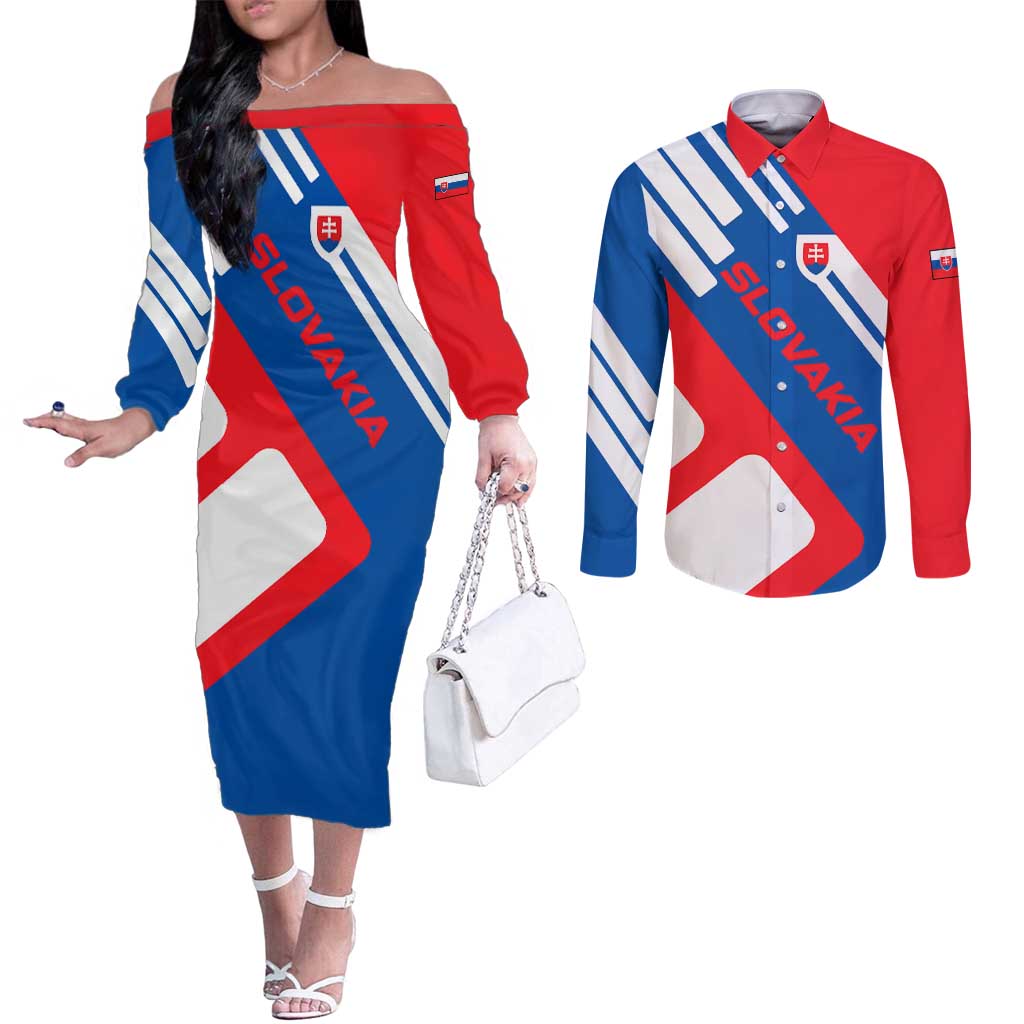 Slovakia – Red Blue White Geometric Flag Design Couples Matching Off The Shoulder Long Sleeve Dress and Long Sleeve Button Shirt with National Crest