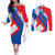 Slovakia – Red Blue White Geometric Flag Design Couples Matching Off The Shoulder Long Sleeve Dress and Long Sleeve Button Shirt with National Crest