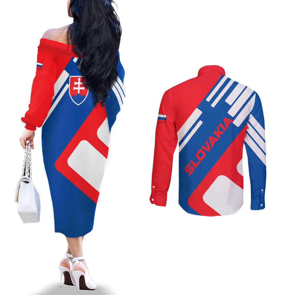 Slovakia – Red Blue White Geometric Flag Design Couples Matching Off The Shoulder Long Sleeve Dress and Long Sleeve Button Shirt with National Crest