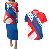Slovakia – Red Blue White Geometric Flag Design Couples Matching Puletasi and Hawaiian Shirt with National Crest