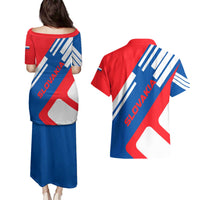 Slovakia – Red Blue White Geometric Flag Design Couples Matching Puletasi and Hawaiian Shirt with National Crest