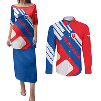 Slovakia – Red Blue White Geometric Flag Design Couples Matching Puletasi and Long Sleeve Button Shirt with National Crest
