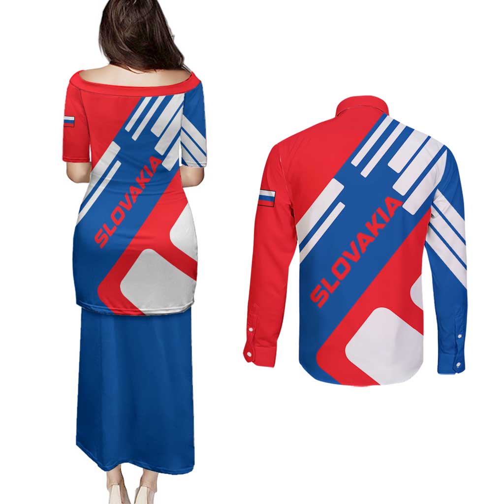 Slovakia – Red Blue White Geometric Flag Design Couples Matching Puletasi and Long Sleeve Button Shirt with National Crest