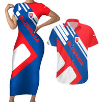 Slovakia – Red Blue White Geometric Flag Design Couples Matching Short Sleeve Bodycon Dress and Hawaiian Shirt with National Crest