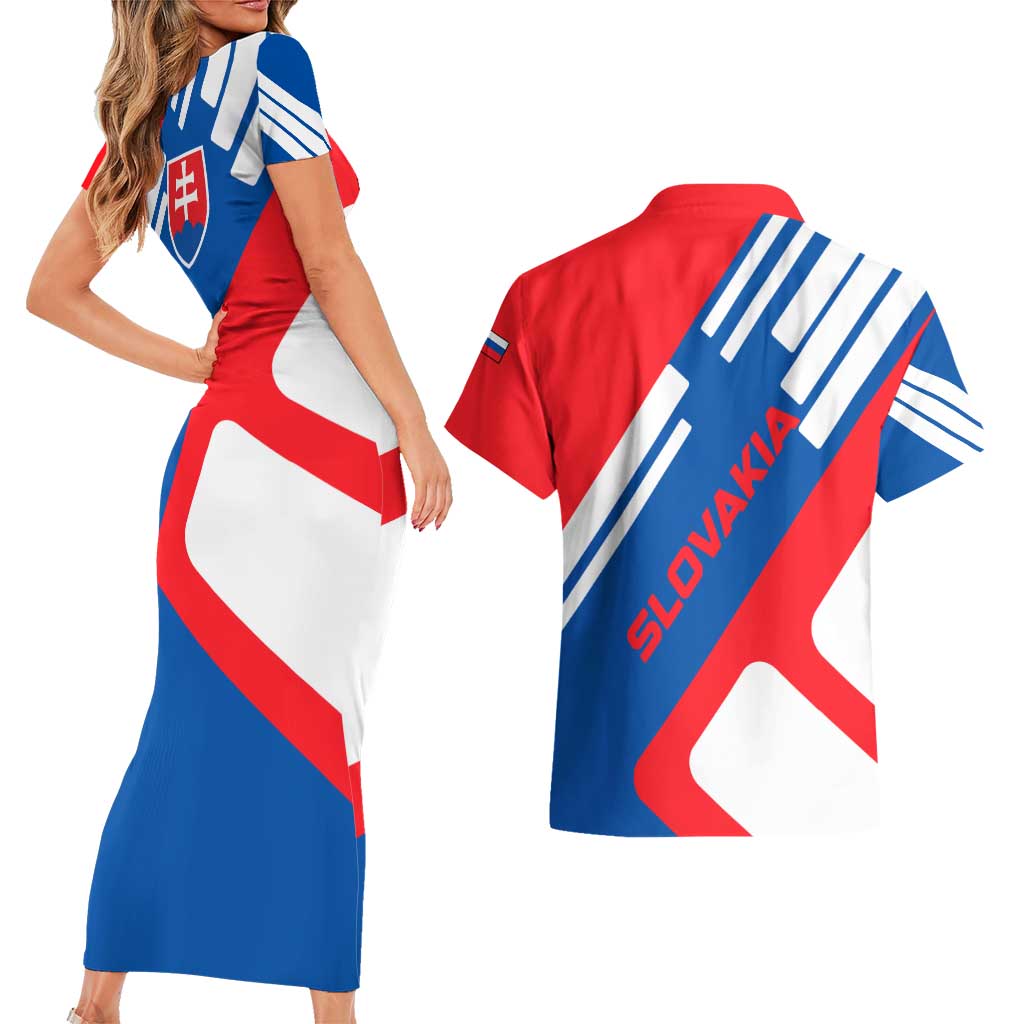Slovakia – Red Blue White Geometric Flag Design Couples Matching Short Sleeve Bodycon Dress and Hawaiian Shirt with National Crest