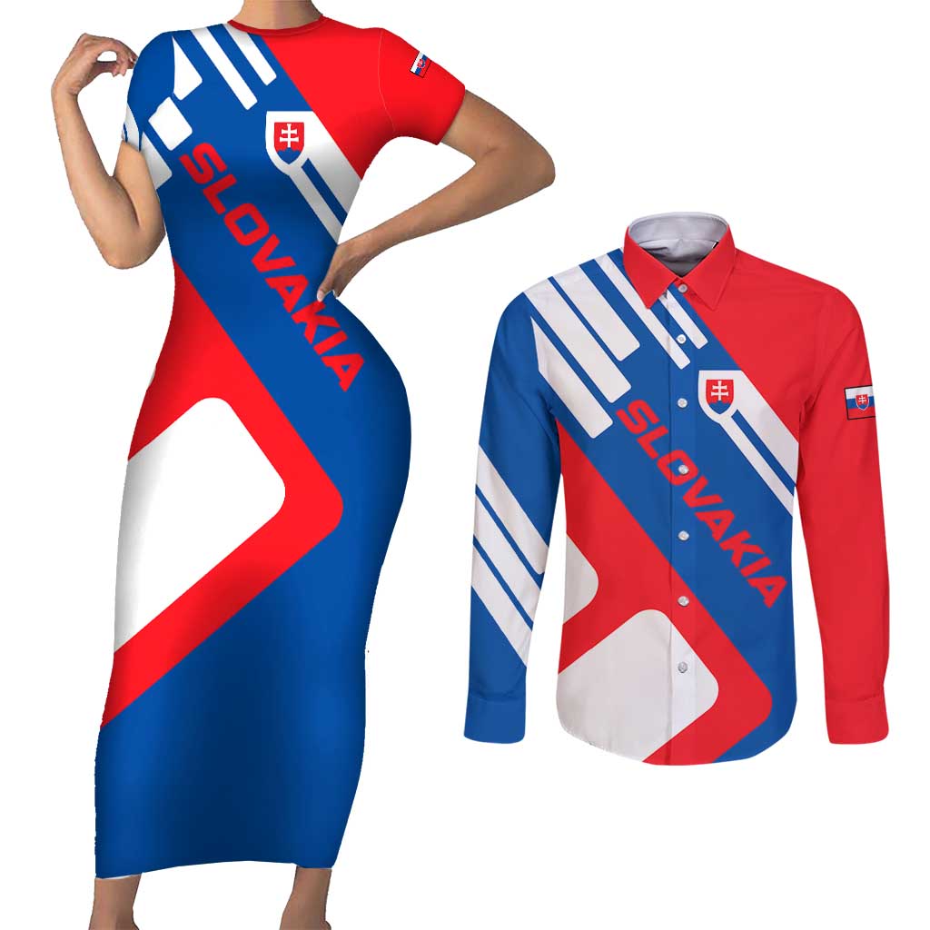Slovakia – Red Blue White Geometric Flag Design Couples Matching Short Sleeve Bodycon Dress and Long Sleeve Button Shirt with National Crest