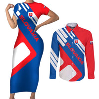 Slovakia – Red Blue White Geometric Flag Design Couples Matching Short Sleeve Bodycon Dress and Long Sleeve Button Shirt with National Crest