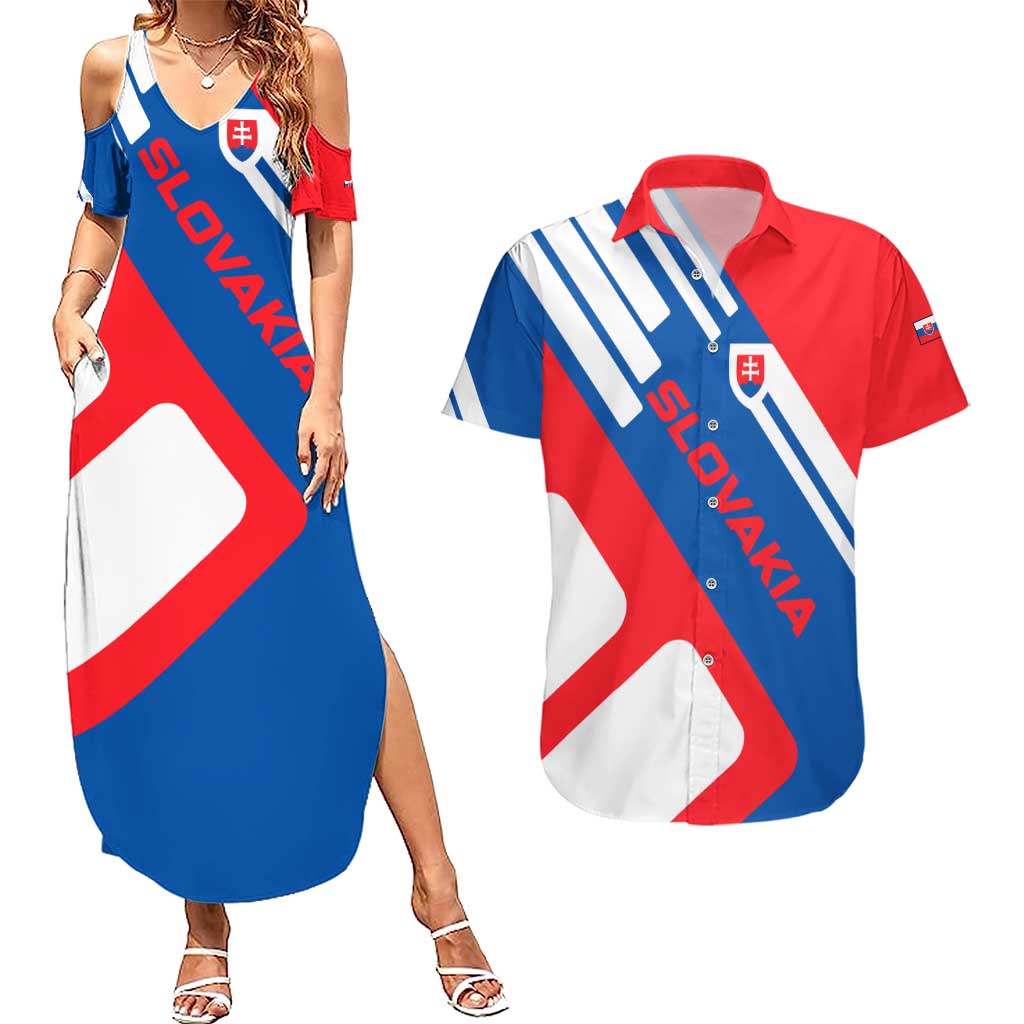 Slovakia – Red Blue White Geometric Flag Design Couples Matching Summer Maxi Dress and Hawaiian Shirt with National Crest