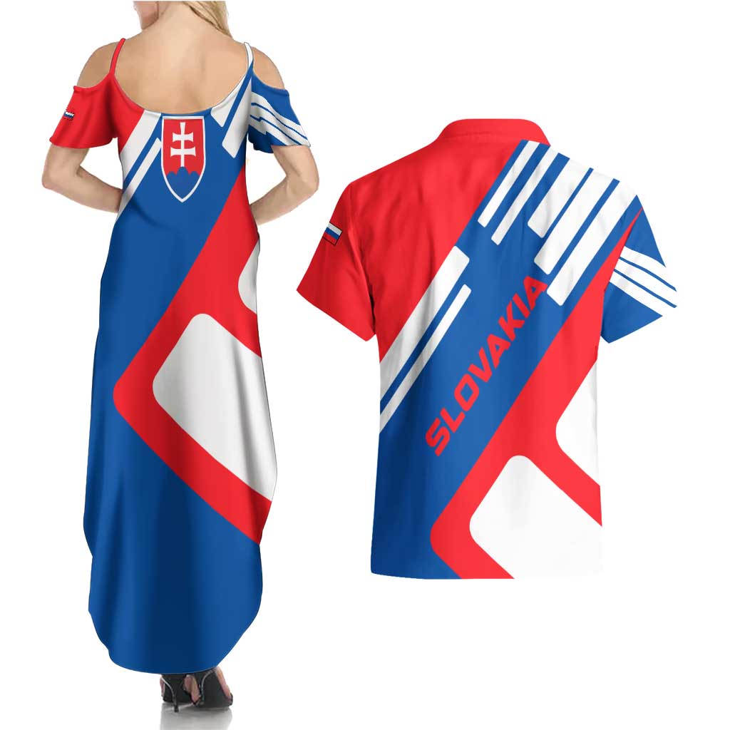 Slovakia – Red Blue White Geometric Flag Design Couples Matching Summer Maxi Dress and Hawaiian Shirt with National Crest