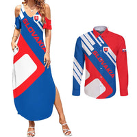 Slovakia – Red Blue White Geometric Flag Design Couples Matching Summer Maxi Dress and Long Sleeve Button Shirt with National Crest