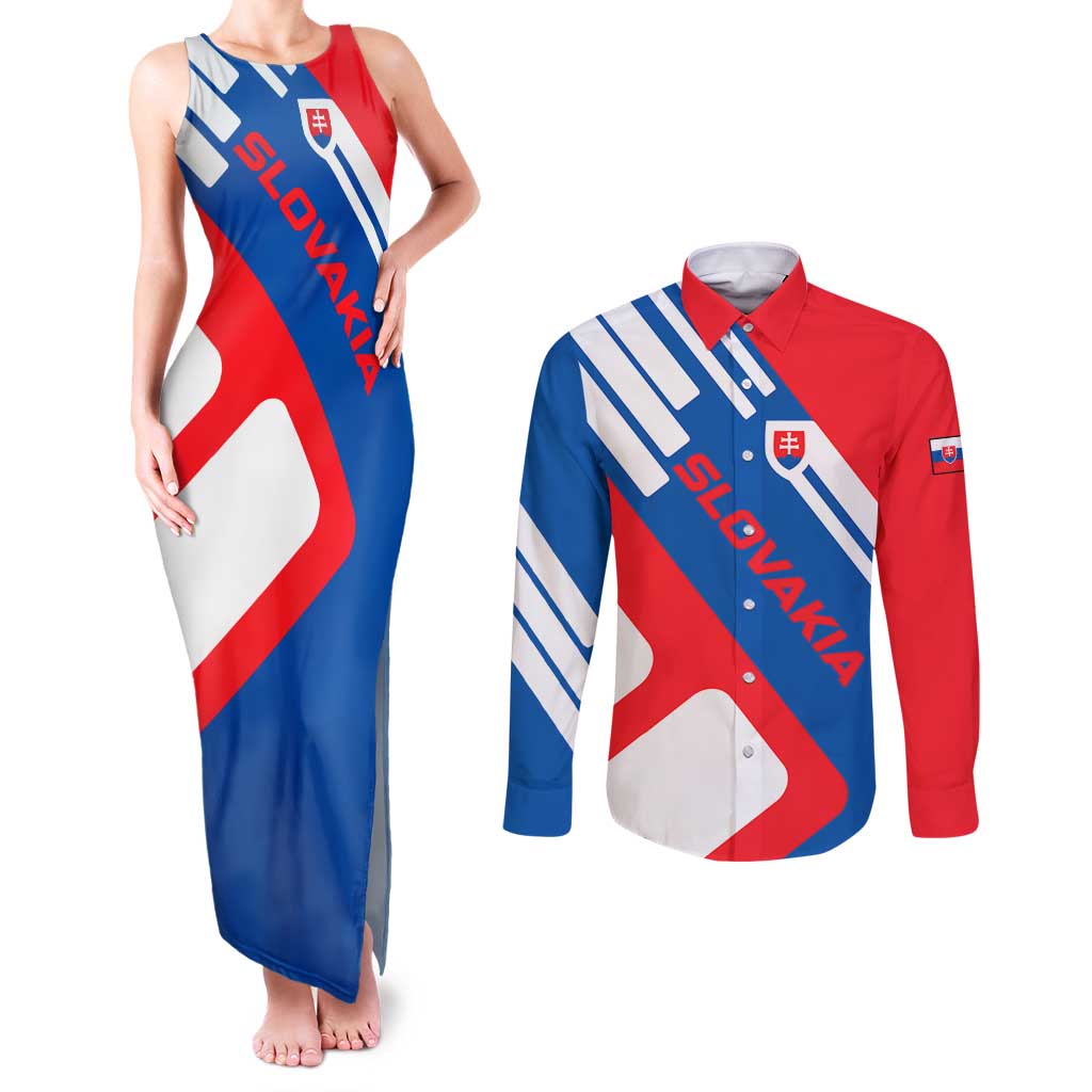 Slovakia – Red Blue White Geometric Flag Design Couples Matching Tank Maxi Dress and Long Sleeve Button Shirt with National Crest