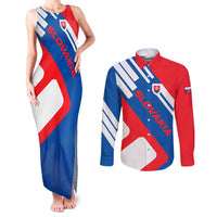 Slovakia – Red Blue White Geometric Flag Design Couples Matching Tank Maxi Dress and Long Sleeve Button Shirt with National Crest