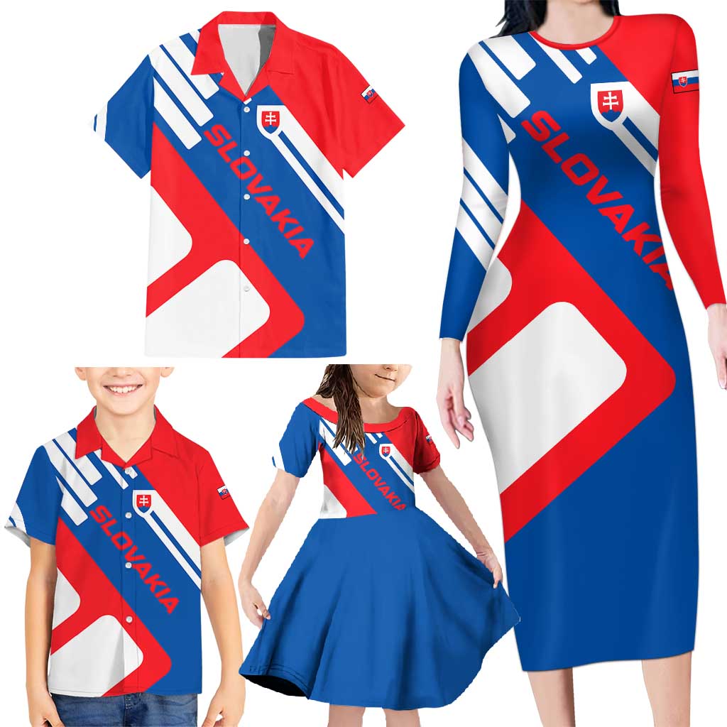 Slovakia – Red Blue White Geometric Flag Design Family Matching Long Sleeve Bodycon Dress and Hawaiian Shirt with National Crest