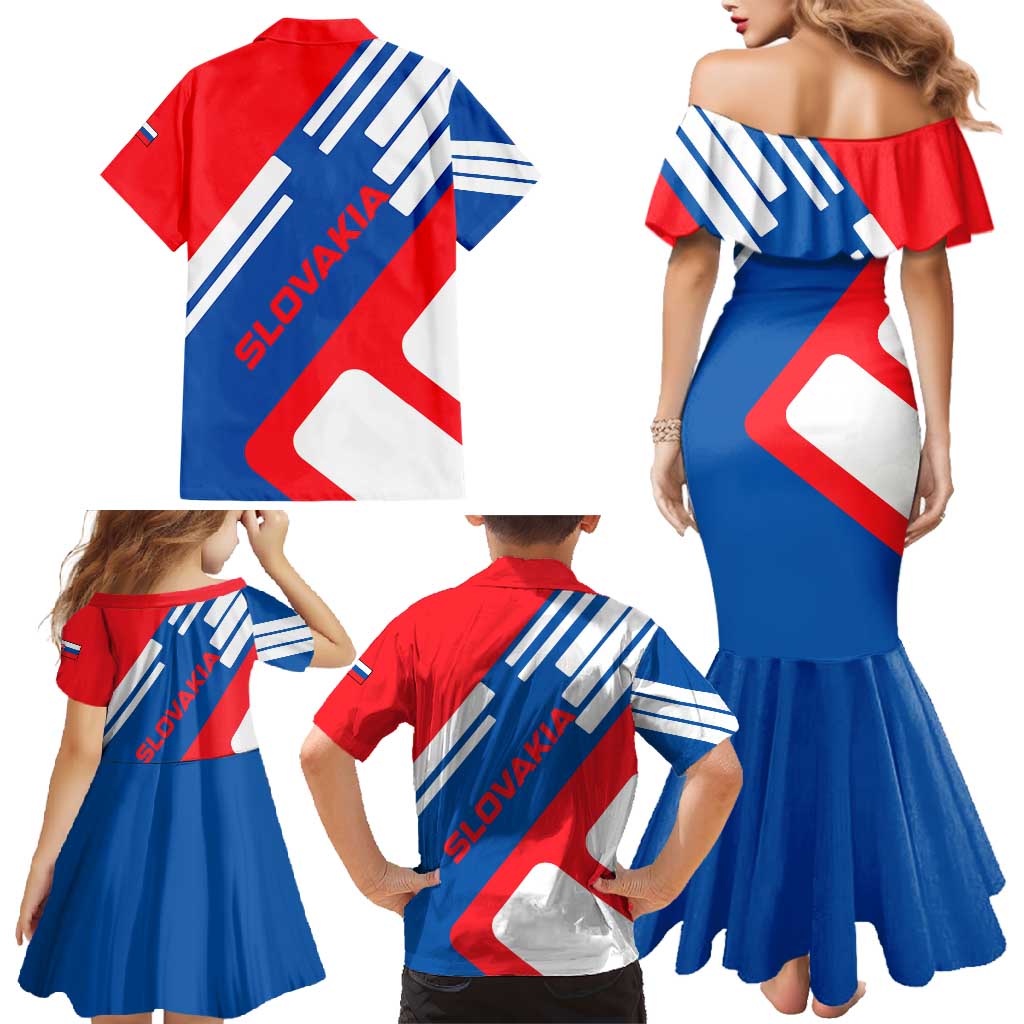 Slovakia – Red Blue White Geometric Flag Design Family Matching Mermaid Dress and Hawaiian Shirt with National Crest
