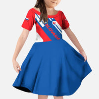 Slovakia – Red Blue White Geometric Flag Design Family Matching Off Shoulder Maxi Dress and Hawaiian Shirt with National Crest