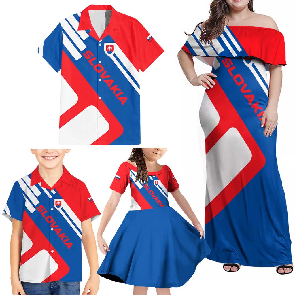 Slovakia – Red Blue White Geometric Flag Design Family Matching Off Shoulder Maxi Dress and Hawaiian Shirt with National Crest