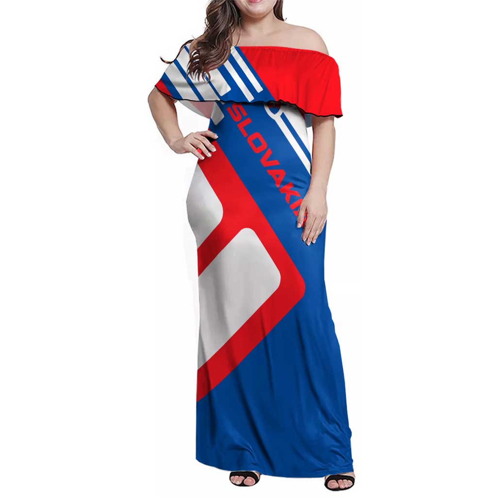 Slovakia – Red Blue White Geometric Flag Design Family Matching Off Shoulder Maxi Dress and Hawaiian Shirt with National Crest