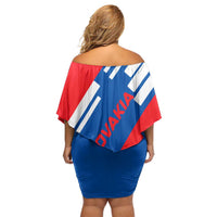 Slovakia – Red Blue White Geometric Flag Design Family Matching Off Shoulder Short Dress and Hawaiian Shirt with National Crest
