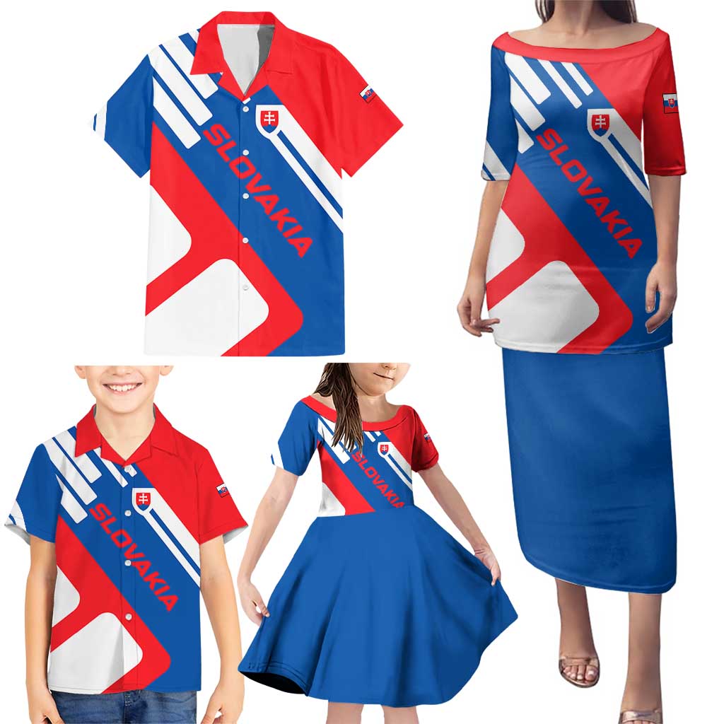 Slovakia – Red Blue White Geometric Flag Design Family Matching Puletasi and Hawaiian Shirt with National Crest