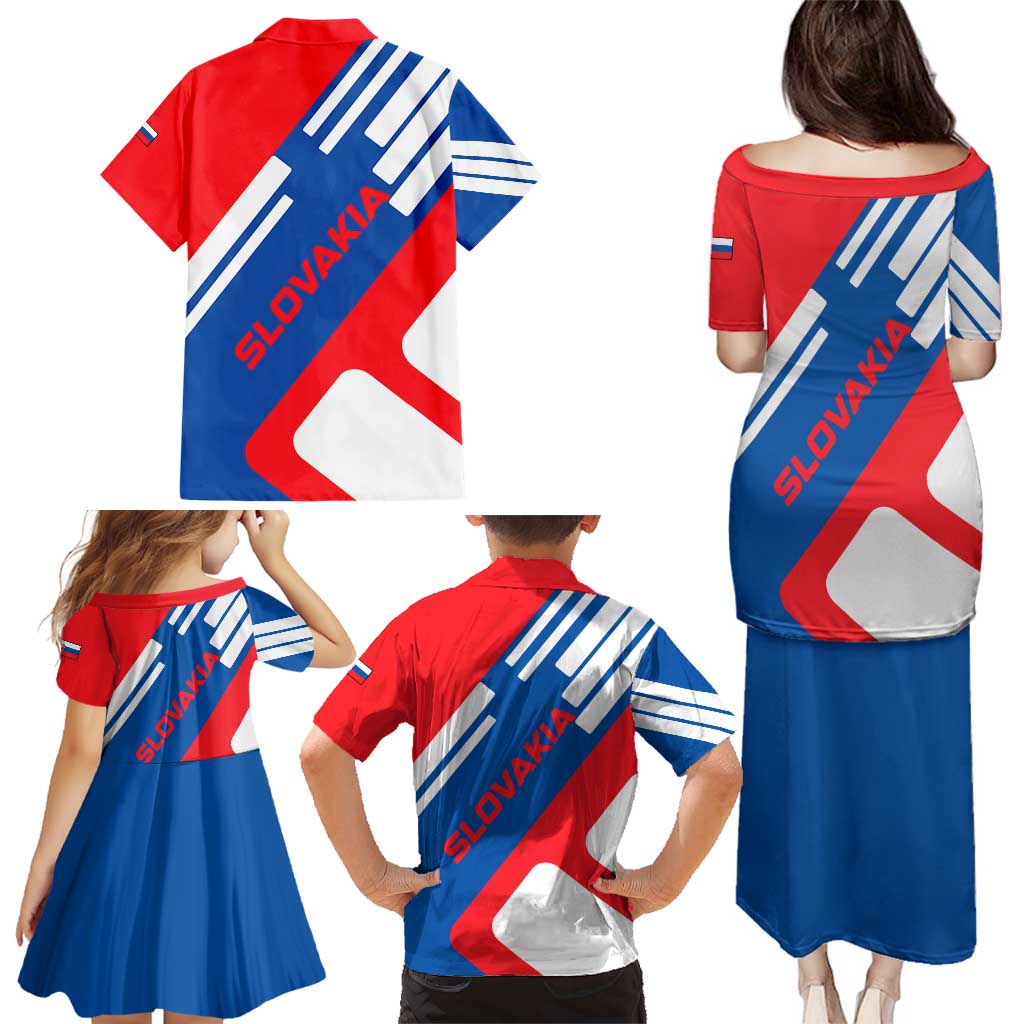Slovakia – Red Blue White Geometric Flag Design Family Matching Puletasi and Hawaiian Shirt with National Crest
