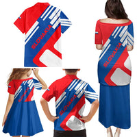 Slovakia – Red Blue White Geometric Flag Design Family Matching Puletasi and Hawaiian Shirt with National Crest