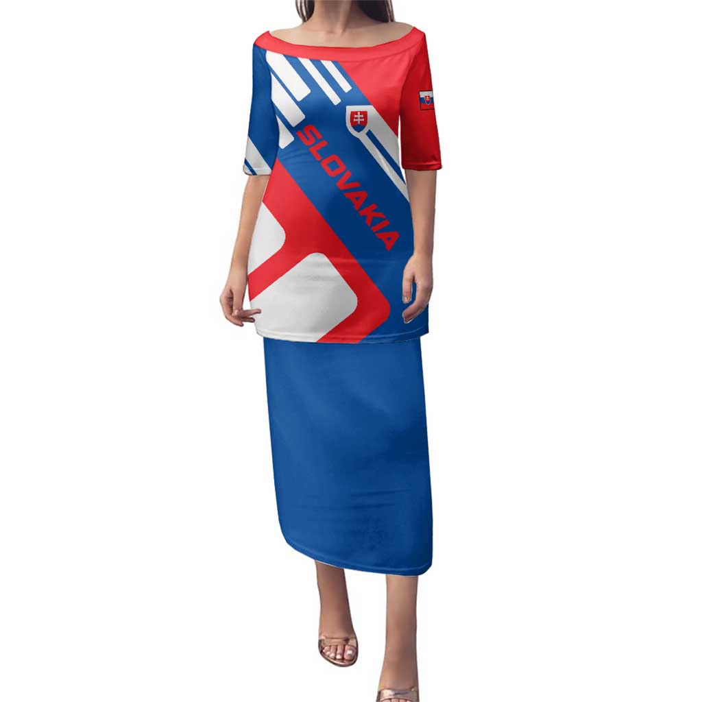 Slovakia – Red Blue White Geometric Flag Design Family Matching Puletasi and Hawaiian Shirt with National Crest