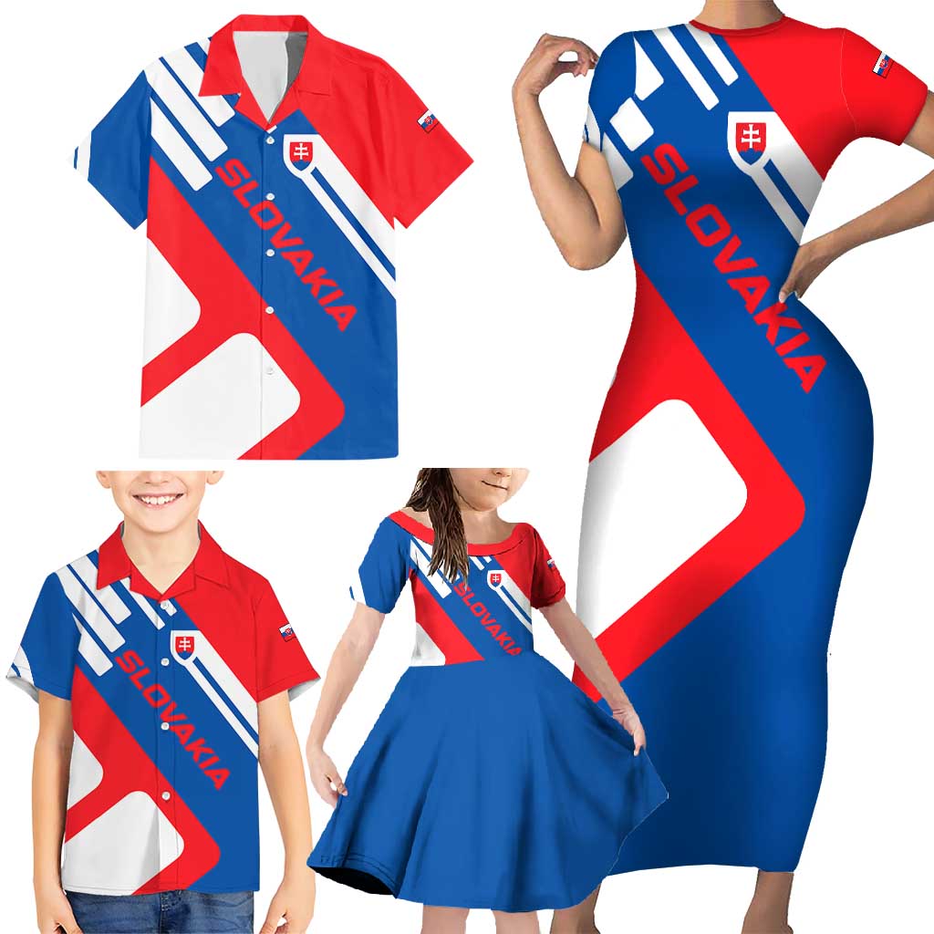 Slovakia – Red Blue White Geometric Flag Design Family Matching Short Sleeve Bodycon Dress and Hawaiian Shirt with National Crest