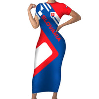 Slovakia – Red Blue White Geometric Flag Design Family Matching Short Sleeve Bodycon Dress and Hawaiian Shirt with National Crest