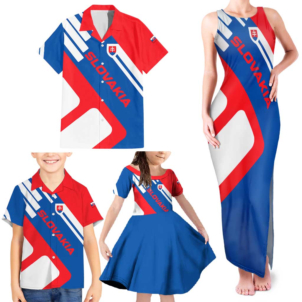 Slovakia – Red Blue White Geometric Flag Design Family Matching Tank Maxi Dress and Hawaiian Shirt with National Crest