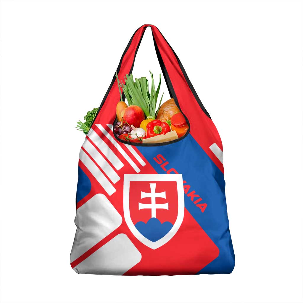 Slovakia – Red Blue White Geometric Flag Design Grocery Bag with National Crest