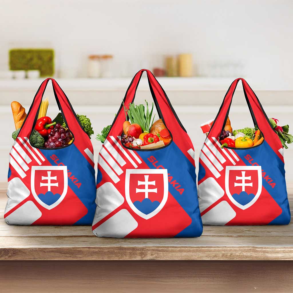 Slovakia – Red Blue White Geometric Flag Design Grocery Bag with National Crest