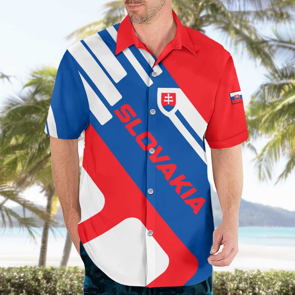 Slovakia – Red Blue White Geometric Flag Design Hawaiian Shirt with National Crest