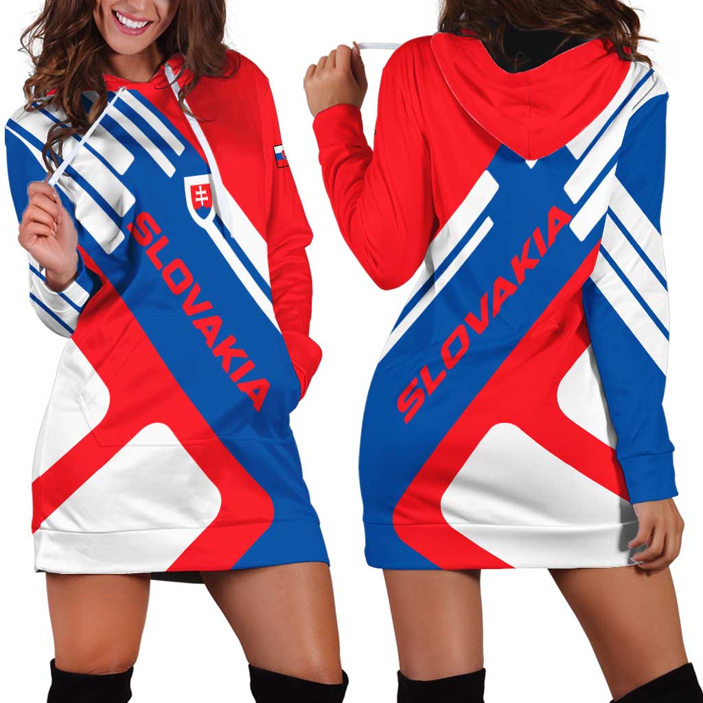 Slovakia – Red Blue White Geometric Flag Design Hoodie Dress with National Crest