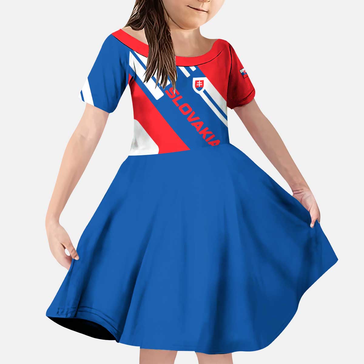 Slovakia – Red Blue White Geometric Flag Design Kid Short Sleeve Dress with National Crest