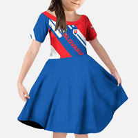Slovakia – Red Blue White Geometric Flag Design Kid Short Sleeve Dress with National Crest