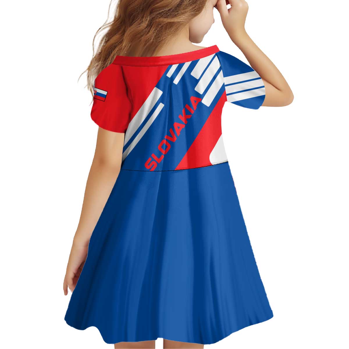 Slovakia – Red Blue White Geometric Flag Design Kid Short Sleeve Dress with National Crest