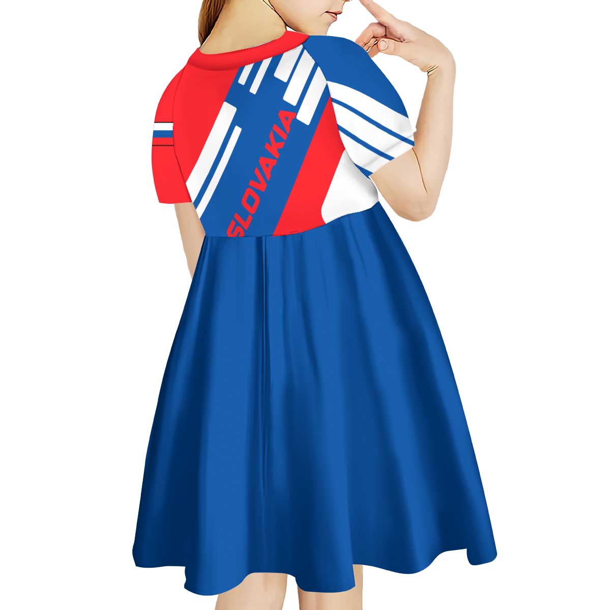 Slovakia – Red Blue White Geometric Flag Design Kid Short Sleeve Dress with National Crest