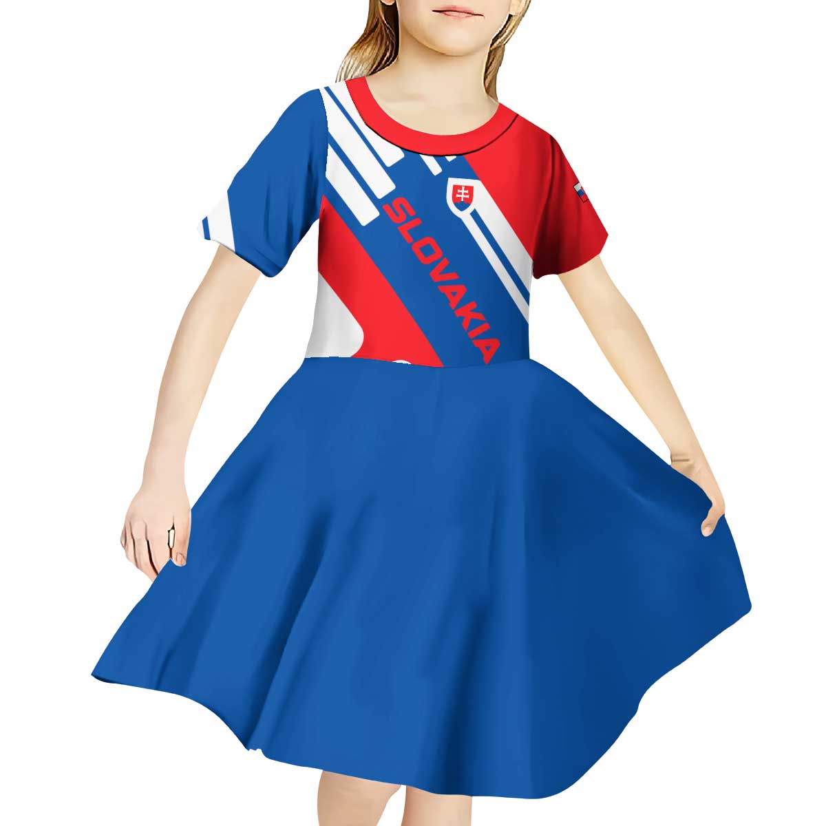 Slovakia – Red Blue White Geometric Flag Design Kid Short Sleeve Dress with National Crest