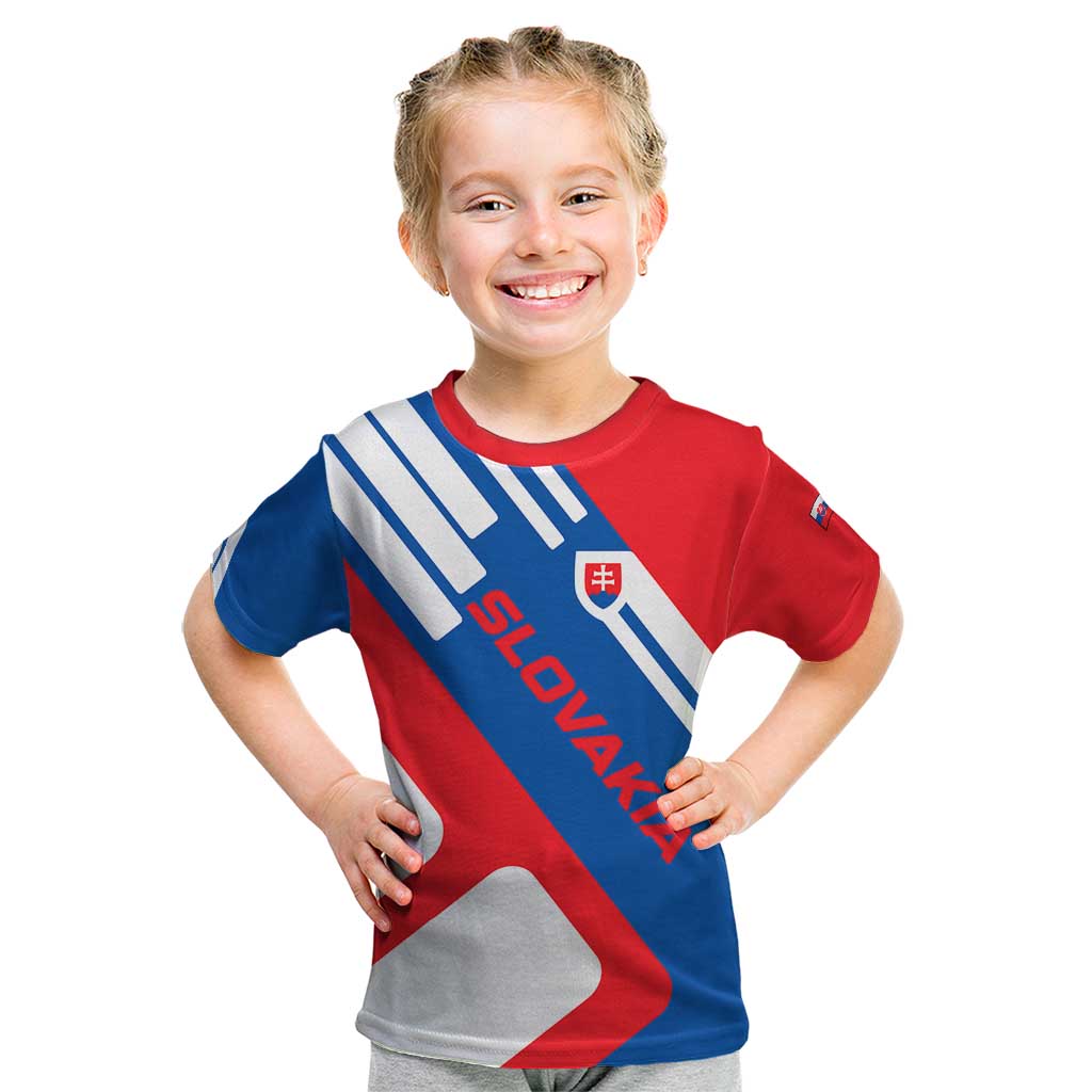 Slovakia – Red Blue White Geometric Flag Design Kid T Shirt with National Crest