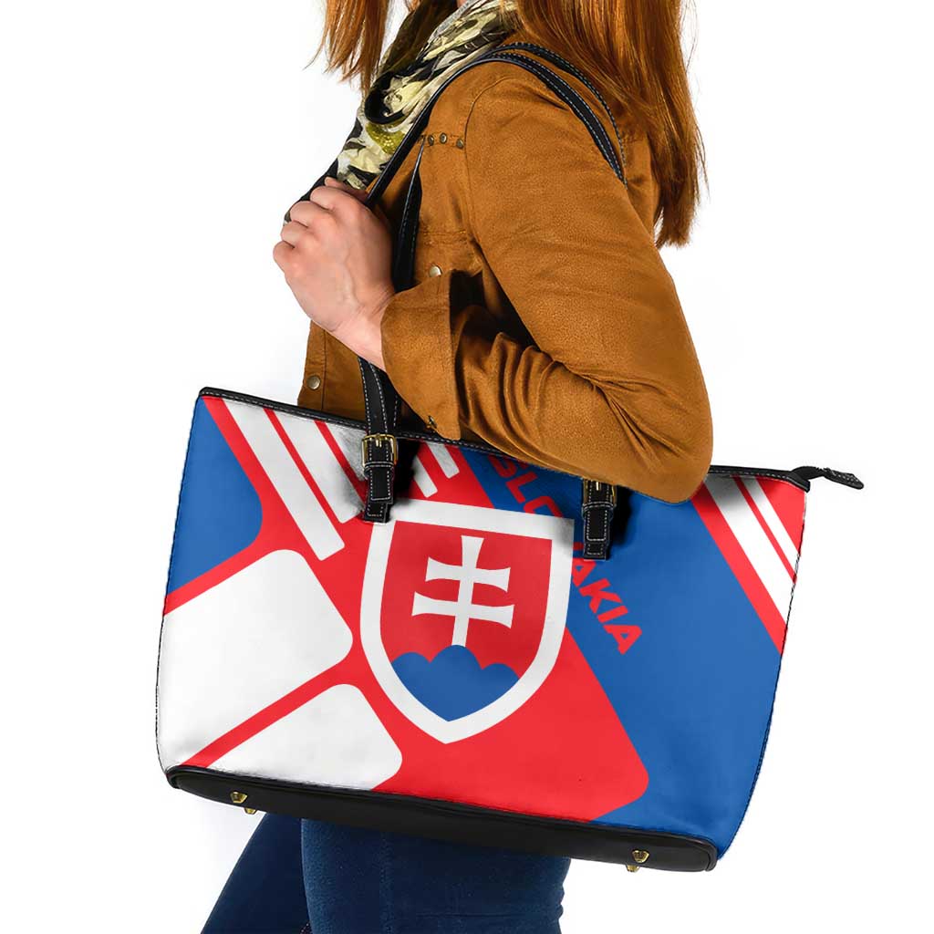 Slovakia – Red Blue White Geometric Flag Design Leather Tote Bag with National Crest