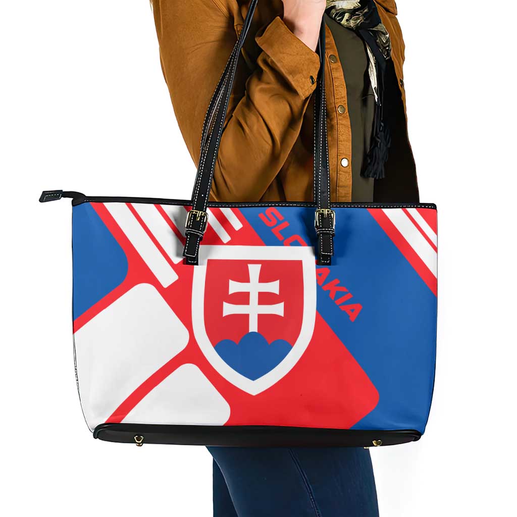 Slovakia – Red Blue White Geometric Flag Design Leather Tote Bag with National Crest