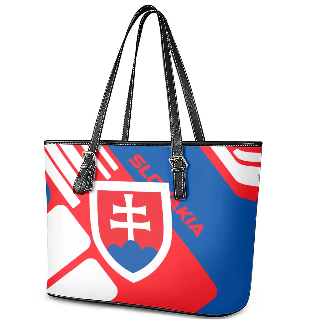 Slovakia – Red Blue White Geometric Flag Design Leather Tote Bag with National Crest