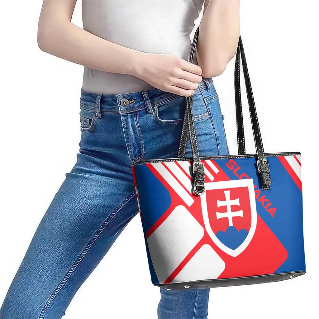 Slovakia – Red Blue White Geometric Flag Design Leather Tote Bag with National Crest