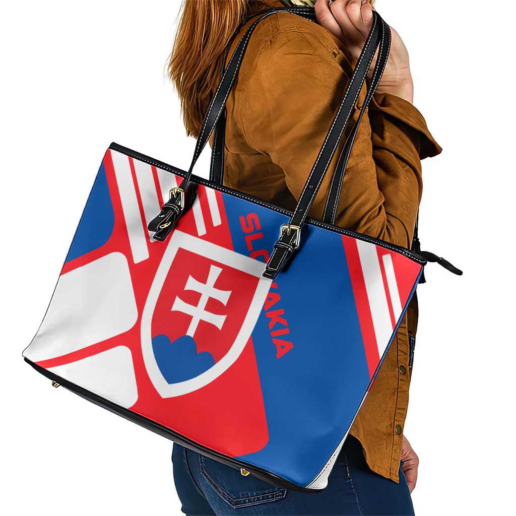 Slovakia – Red Blue White Geometric Flag Design Leather Tote Bag with National Crest