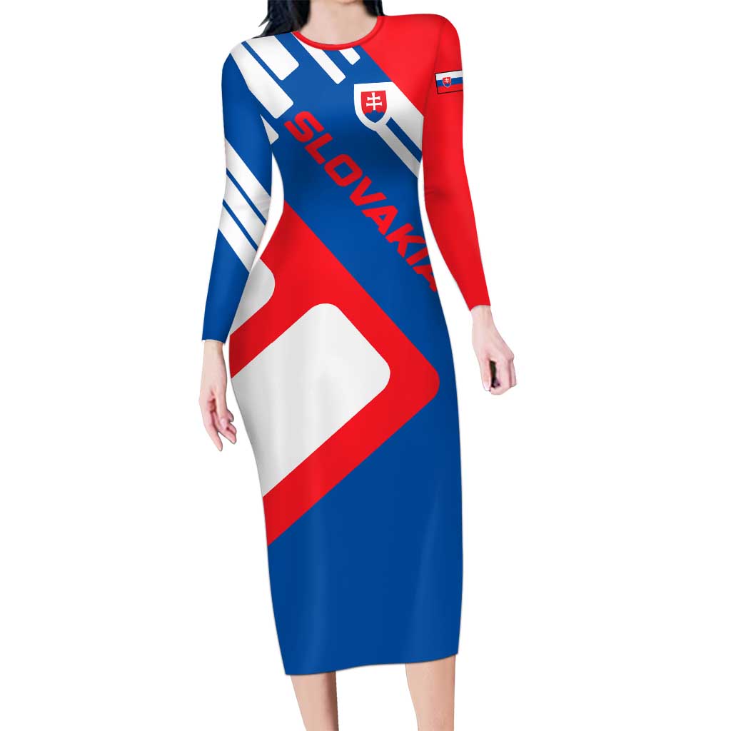 Slovakia – Red Blue White Geometric Flag Design Long Sleeve Bodycon Dress with National Crest