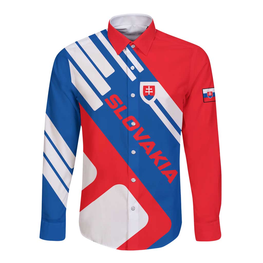 Slovakia – Red Blue White Geometric Flag Design Long Sleeve Button Shirt with National Crest