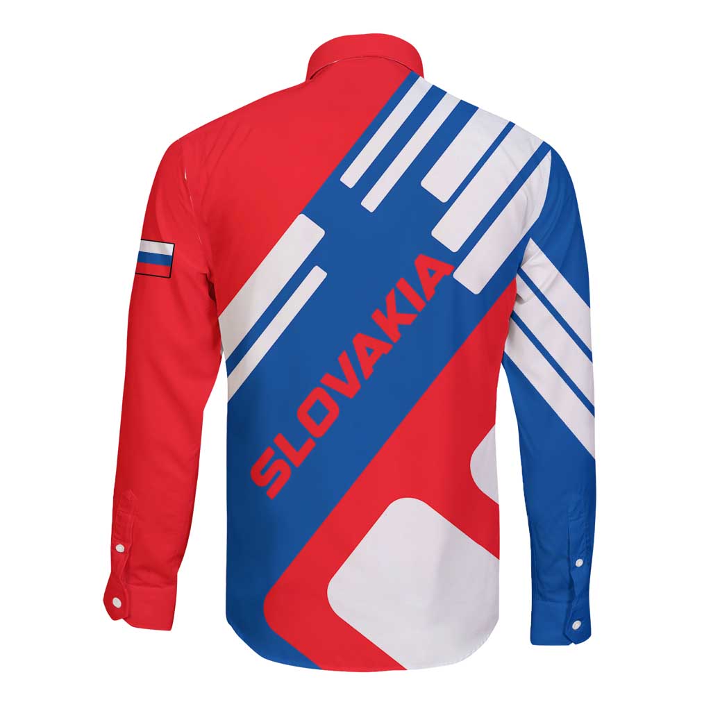 Slovakia – Red Blue White Geometric Flag Design Long Sleeve Button Shirt with National Crest