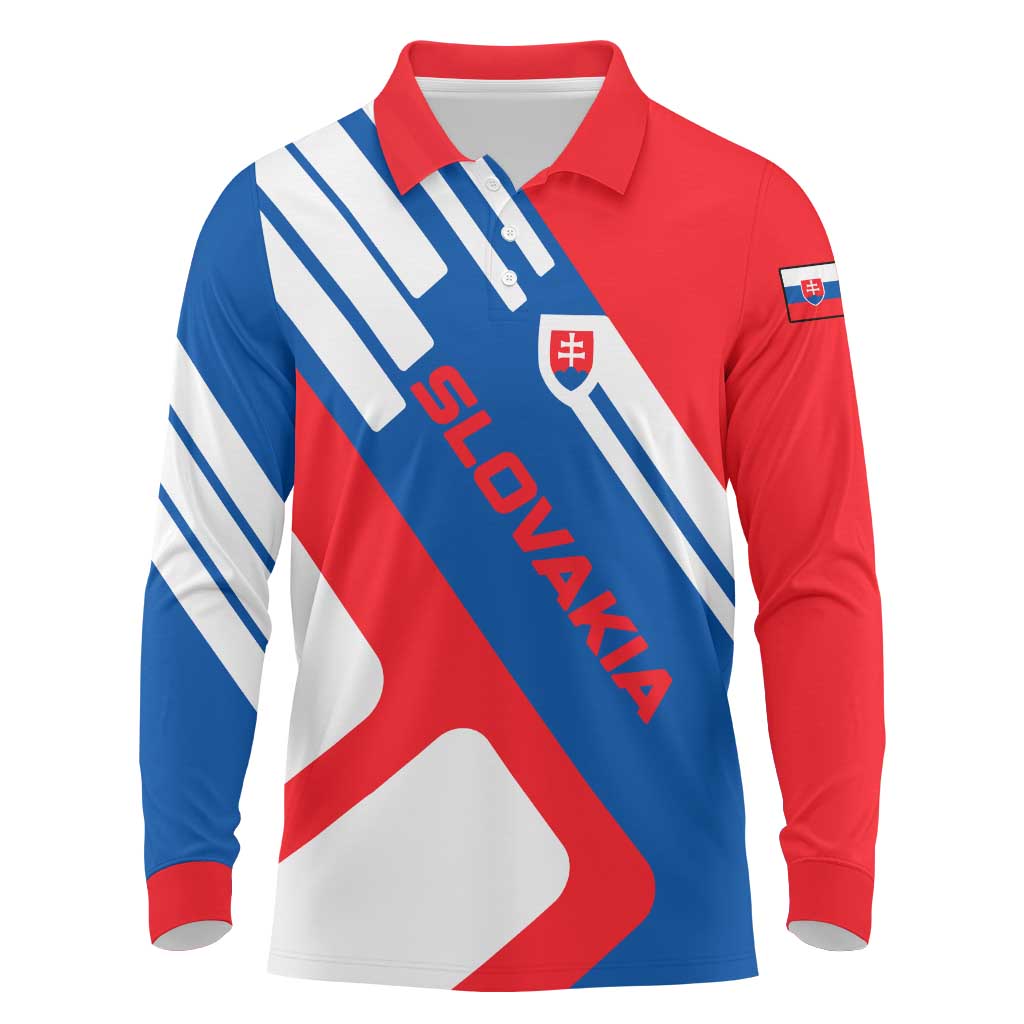 Slovakia – Red Blue White Geometric Flag Design Long Sleeve Polo Shirt with National Crest